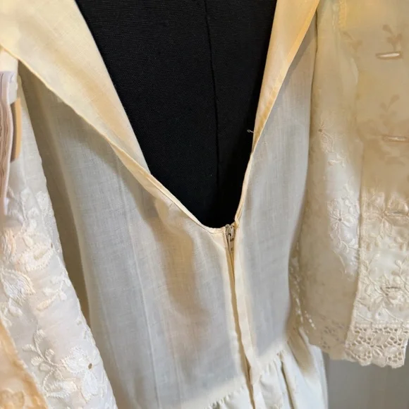 Vintage 80s Eyelet Prairie Bridal Dress Ivory Puff Sleeve Formal Cottagecore - Picture 8 of 16